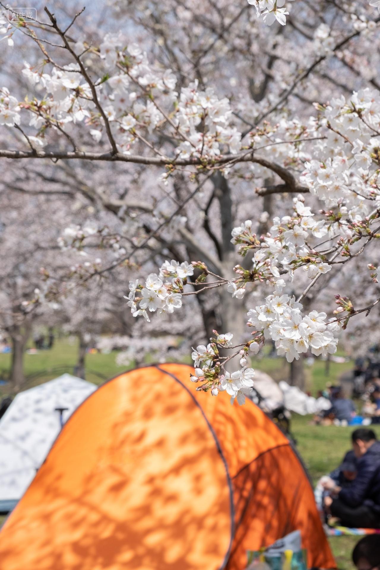 日本樱花旅游摄影大自然日本舍人公园盛开的樱花树露营帐篷