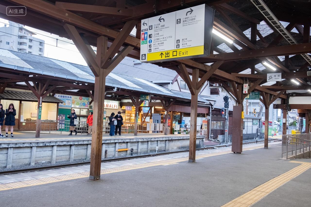 日本街景江之岛电车站站台交通旅游摄影旅行