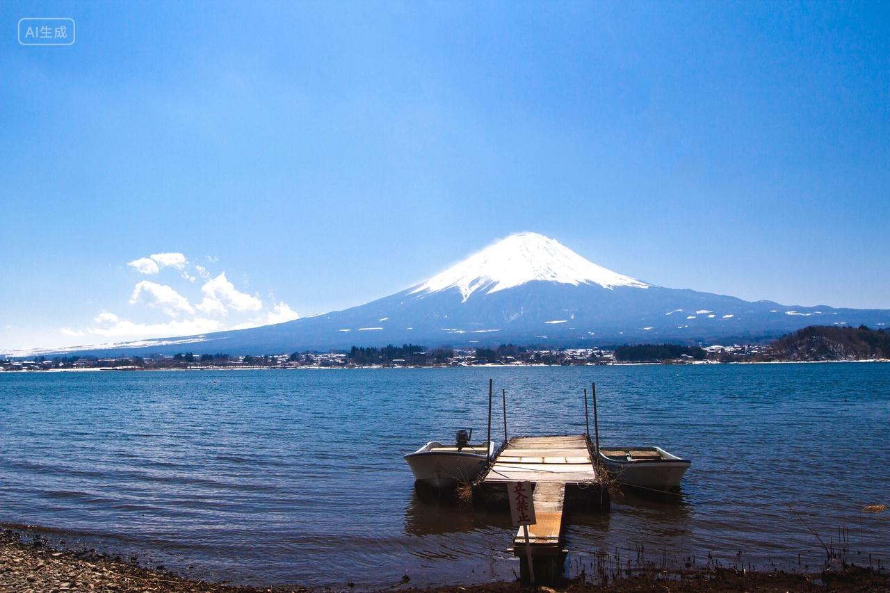 日本河口湖富士山早晨日出雪山积雪倒影旅游摄影大自然