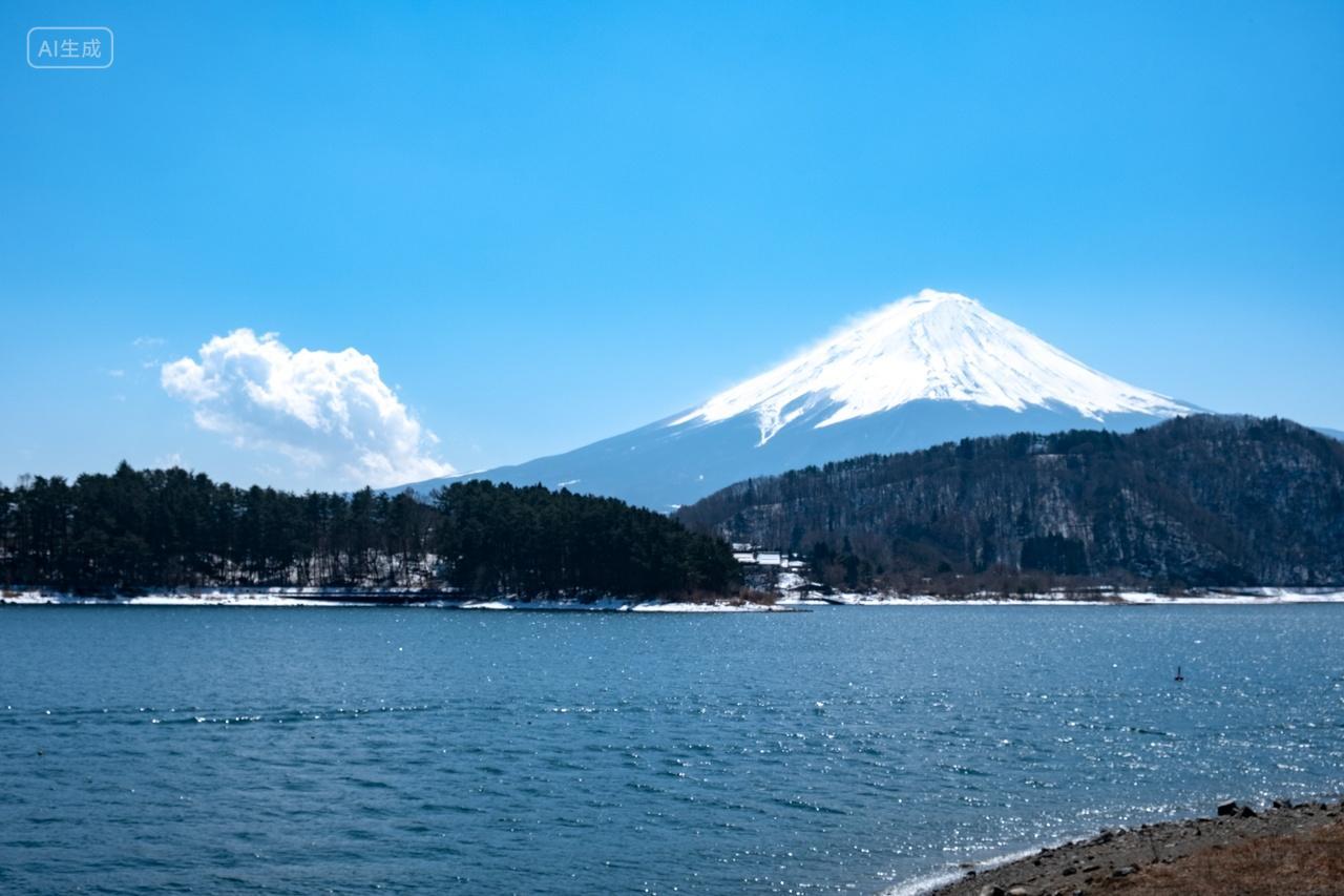 日本河口湖富士山早晨日出雪山积雪倒影旅游摄影大自然