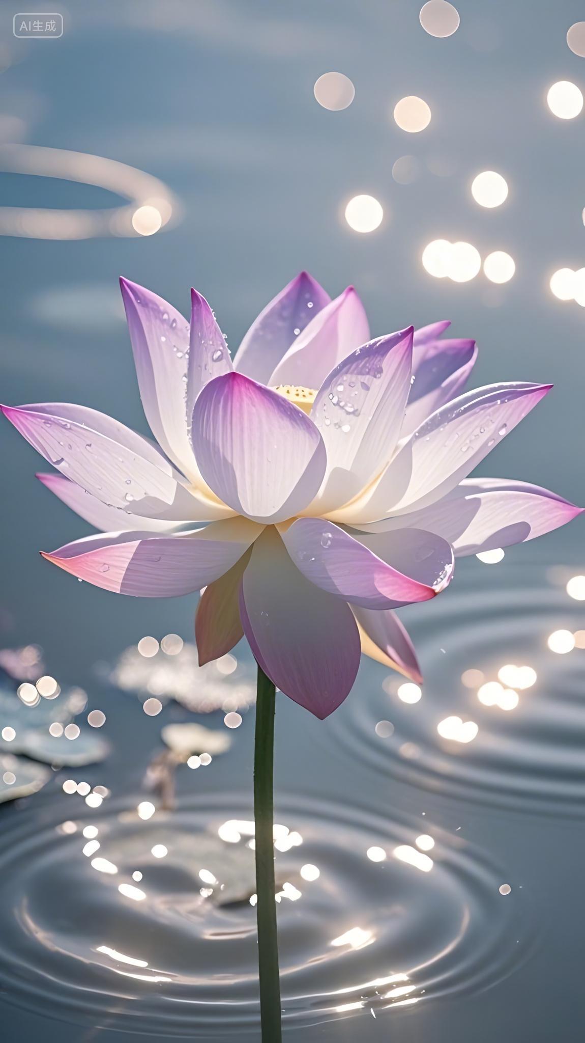 荷花荷叶夏荷荷花花瓣粉白渐变边缘略带橙红色AI