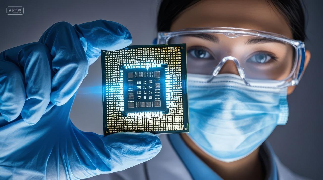 科技AI女研究员展示芯片实验室