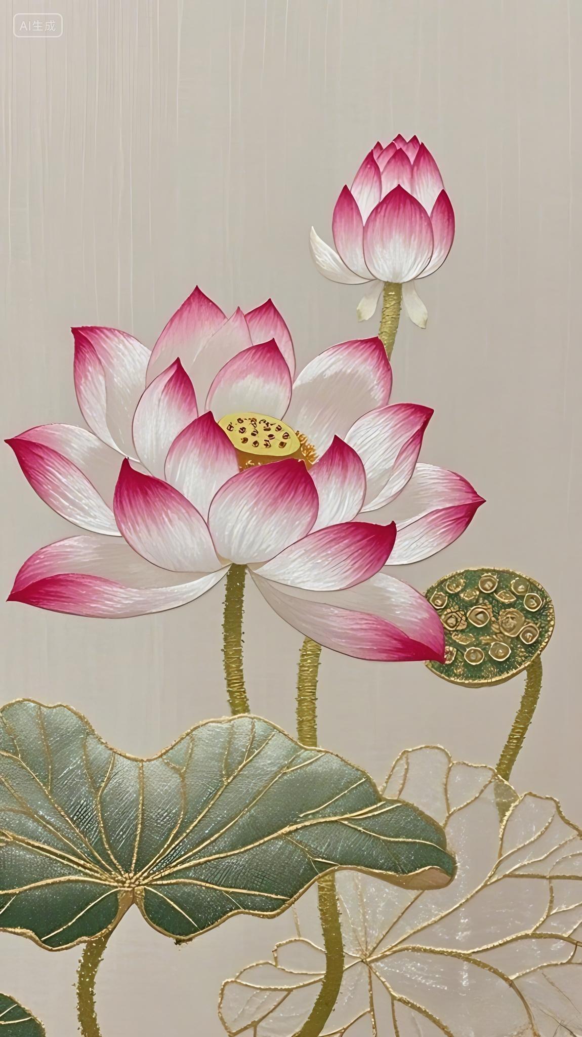 荷花荷叶夏荷中国风精致荷花刺绣苏绣夏天 夏日大暑小暑AI