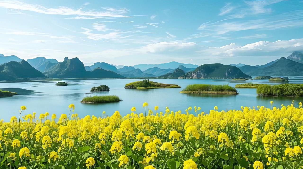 油菜花田花海湖泊山水春天自然风景蓝天白云
