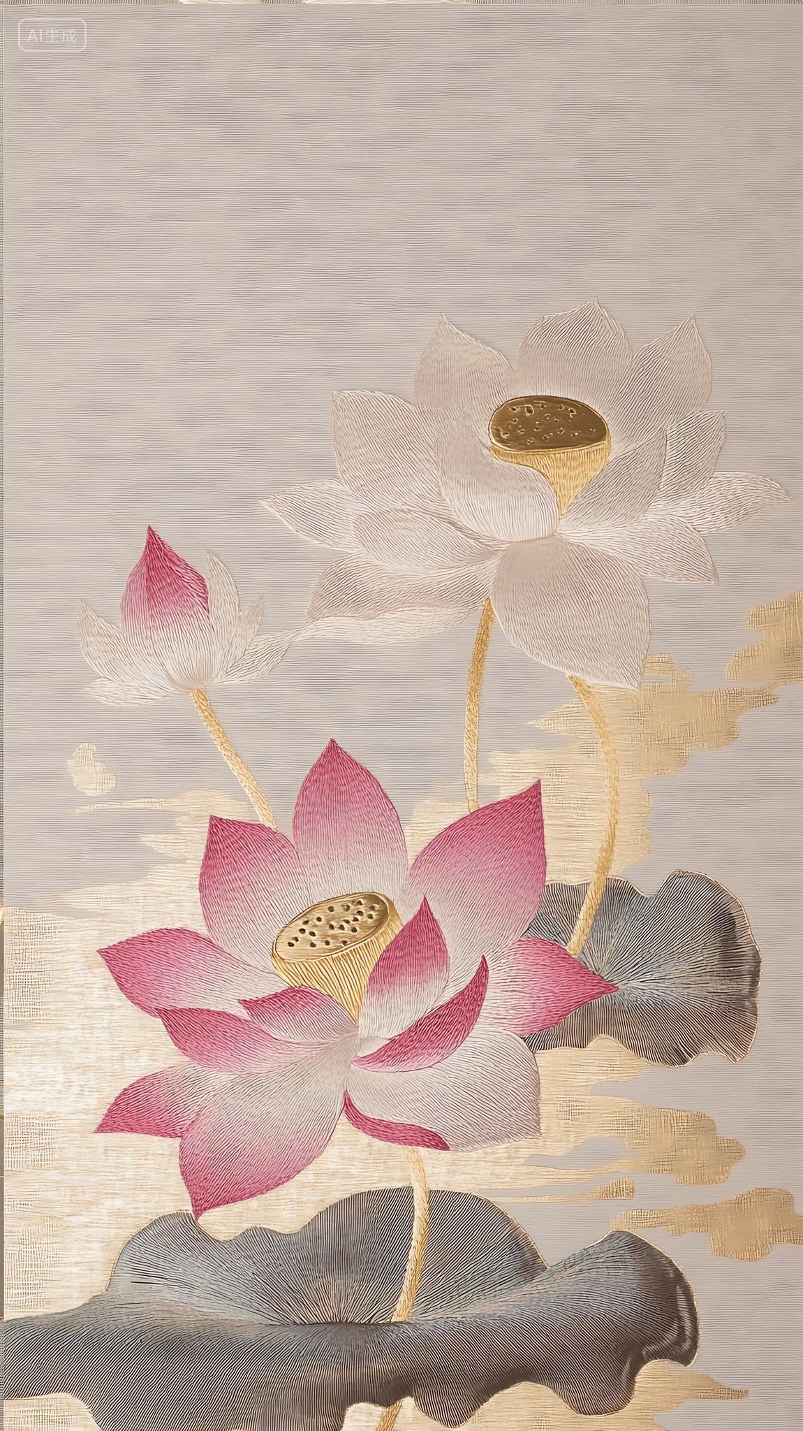 荷花荷叶夏荷中国风精致荷花刺绣苏绣AI