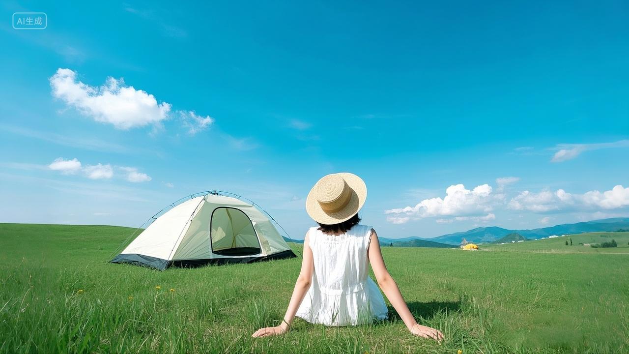 户外清新女孩坐在草地上背影摄影