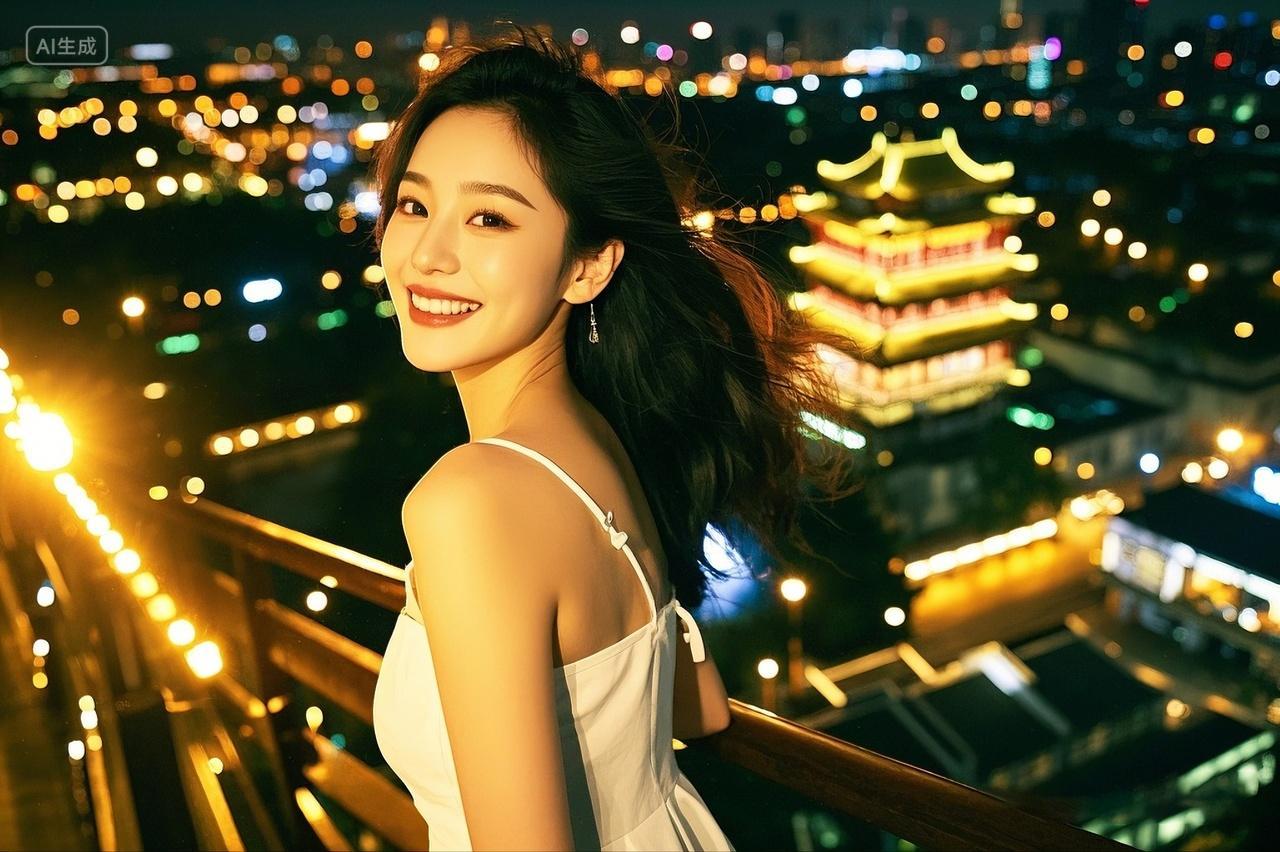 女孩在古楼夜景侧面半身摄影背影