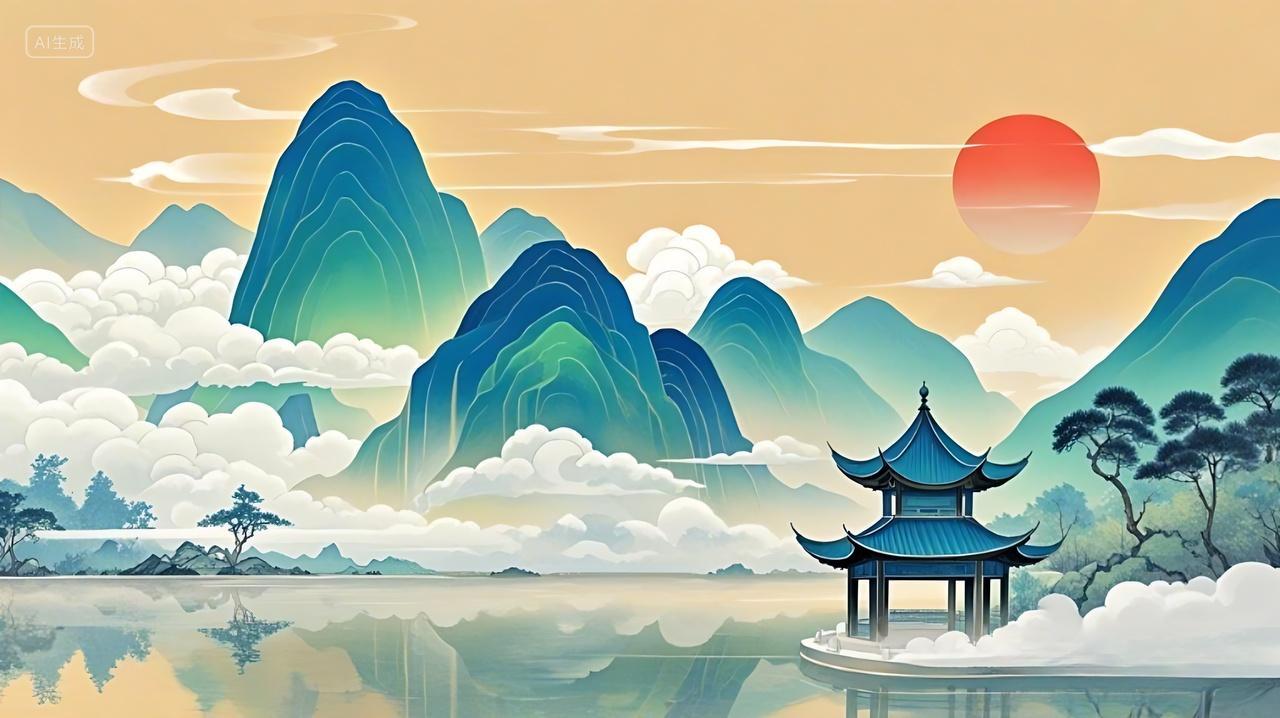 古风塔亭子山峰展板背景AI