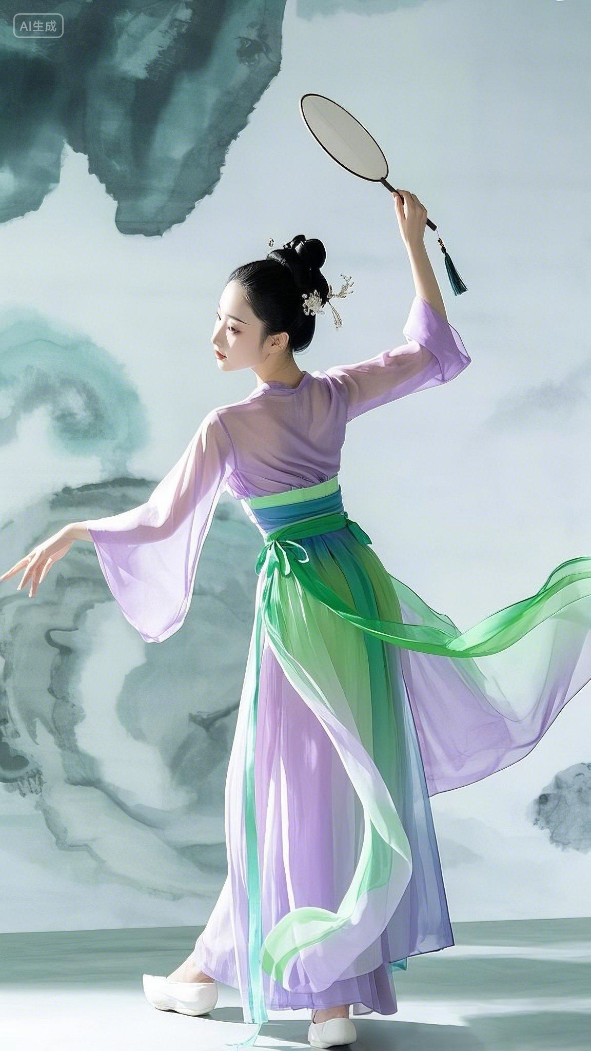 舞蹈跳舞在水墨背景前手持团扇身着仙逸舞裙的舞者