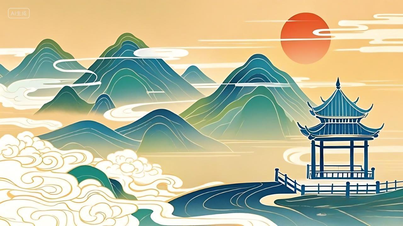绿色国潮山水古风亭子云朵国潮展板背景AI