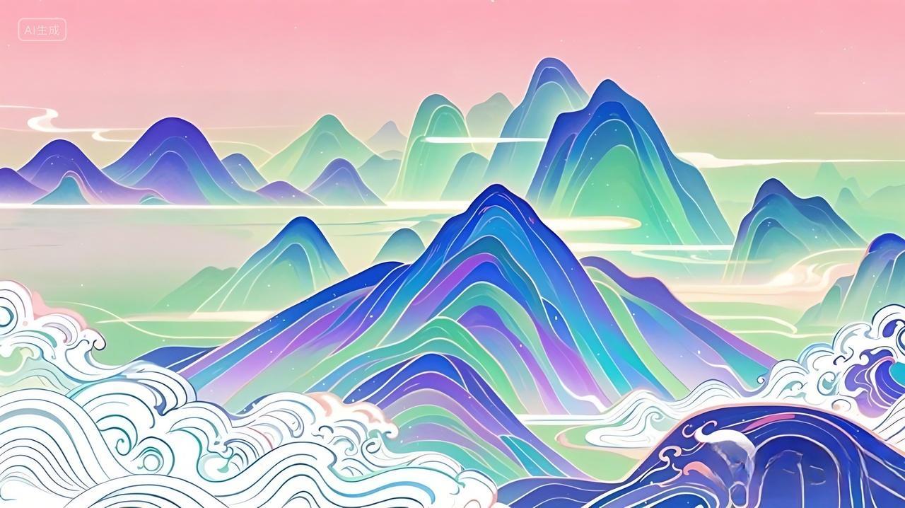 绿色国潮山水古风山峰云彩国潮展板背景AI