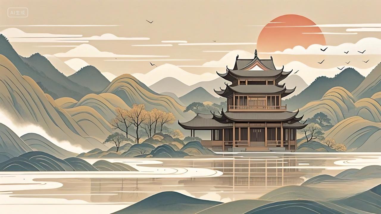 古风塔亭子山峰展板背景AI