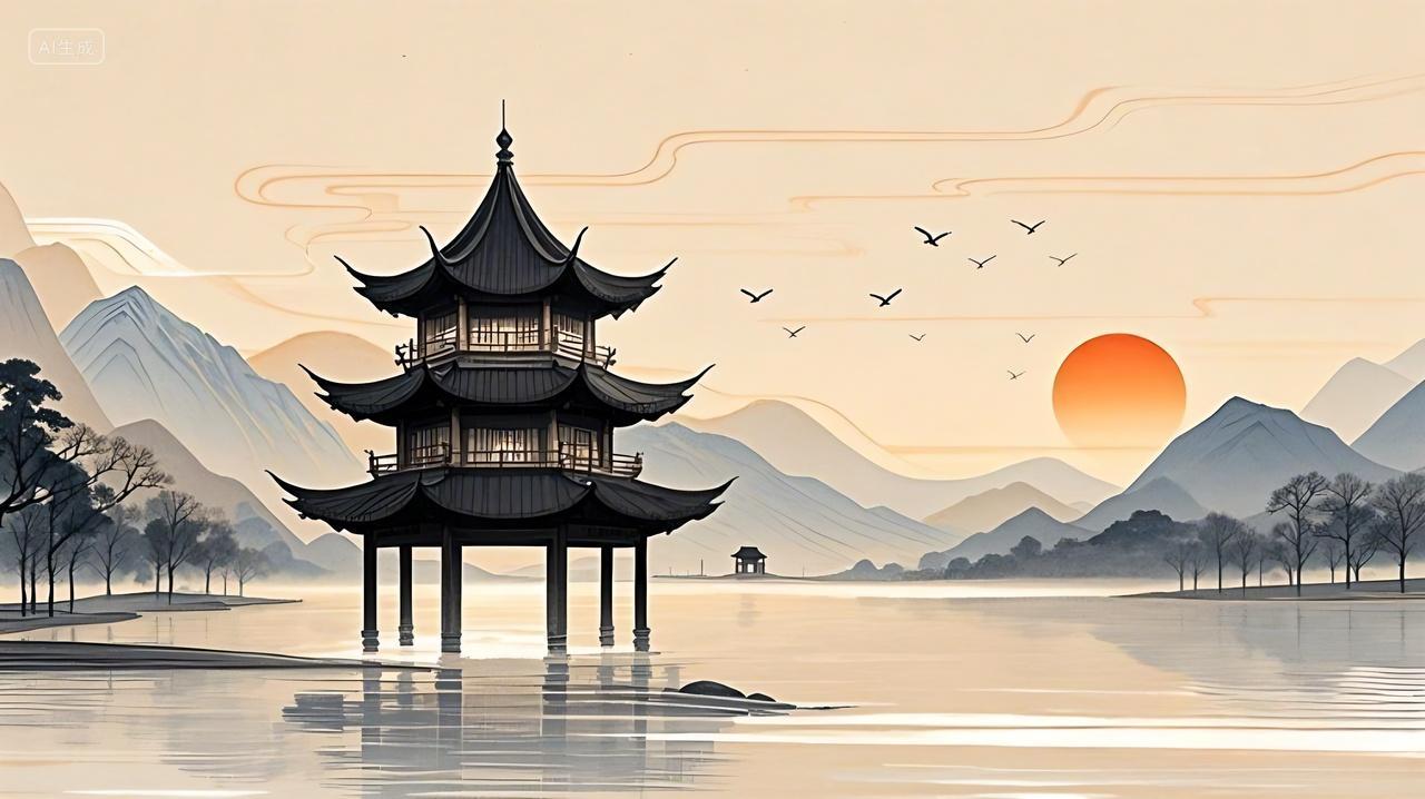 古风塔亭子山峰展板背景AI