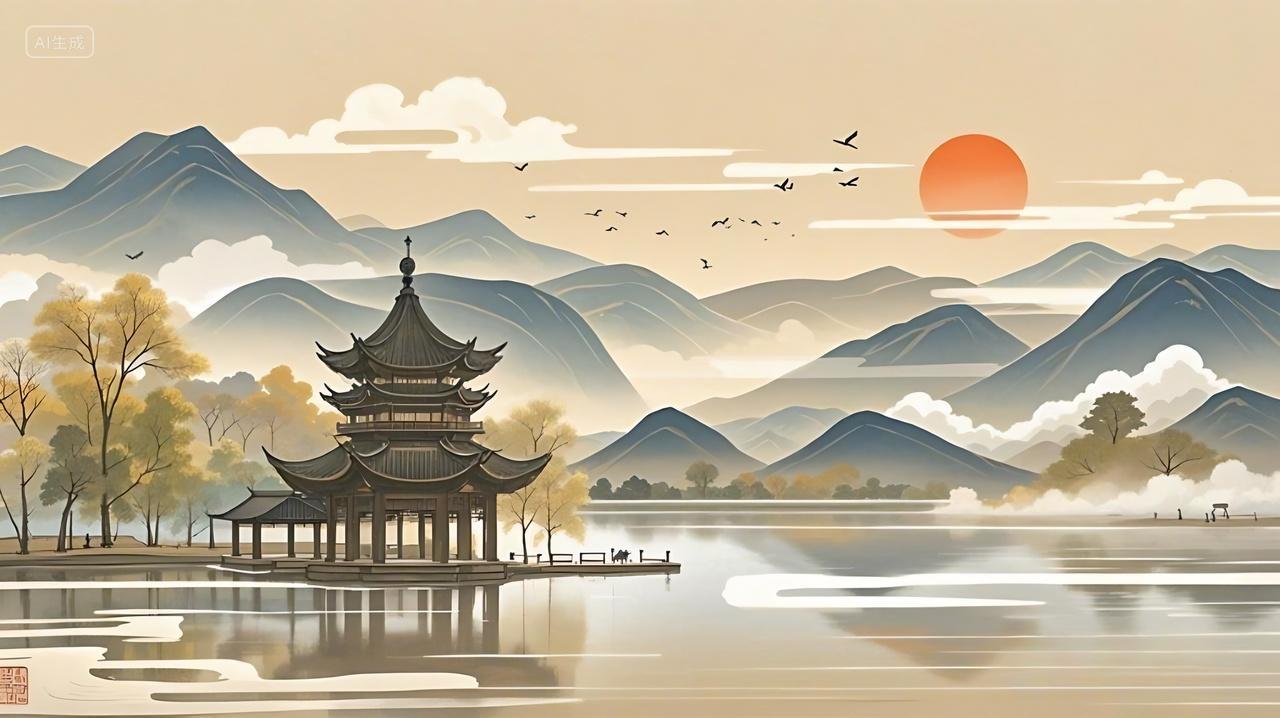 古风塔亭子山峰展板背景AI