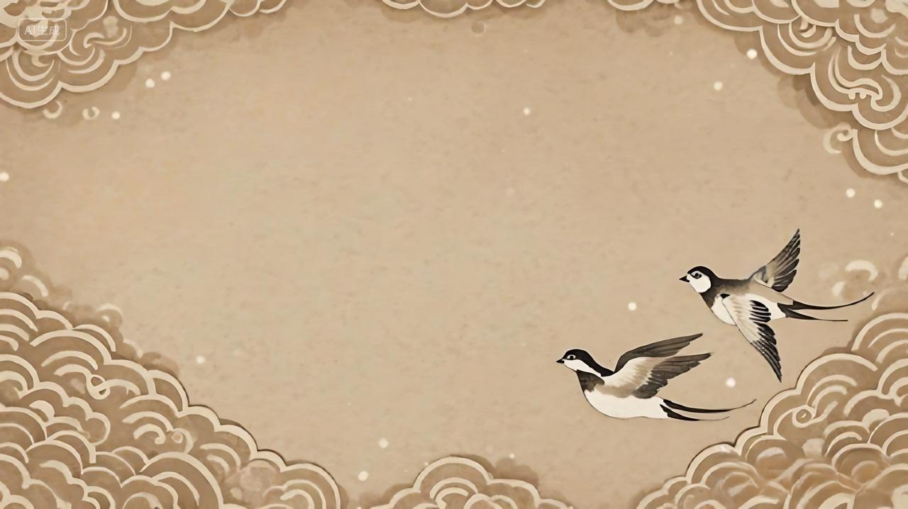 黄色米色山水古风展板背景春天花鸟背景AI