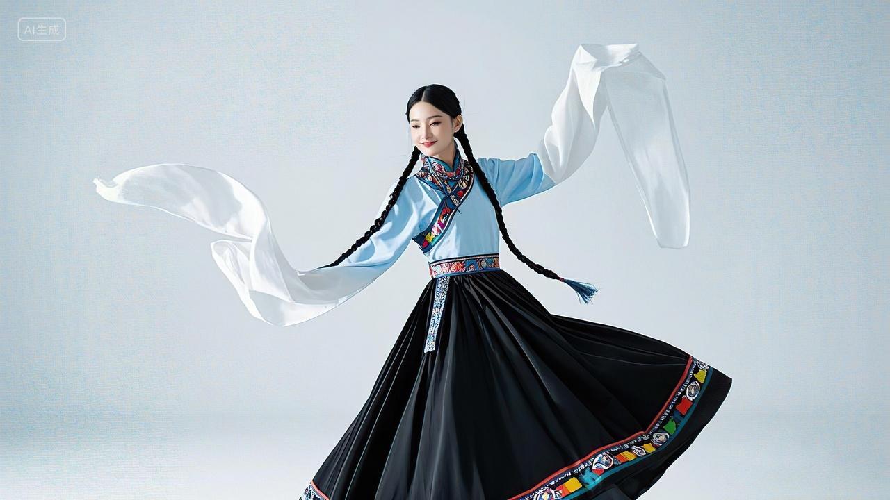 舞蹈跳舞民族舞蹈双辫造型穿民族服饰优雅舞动白色水袖的舞者