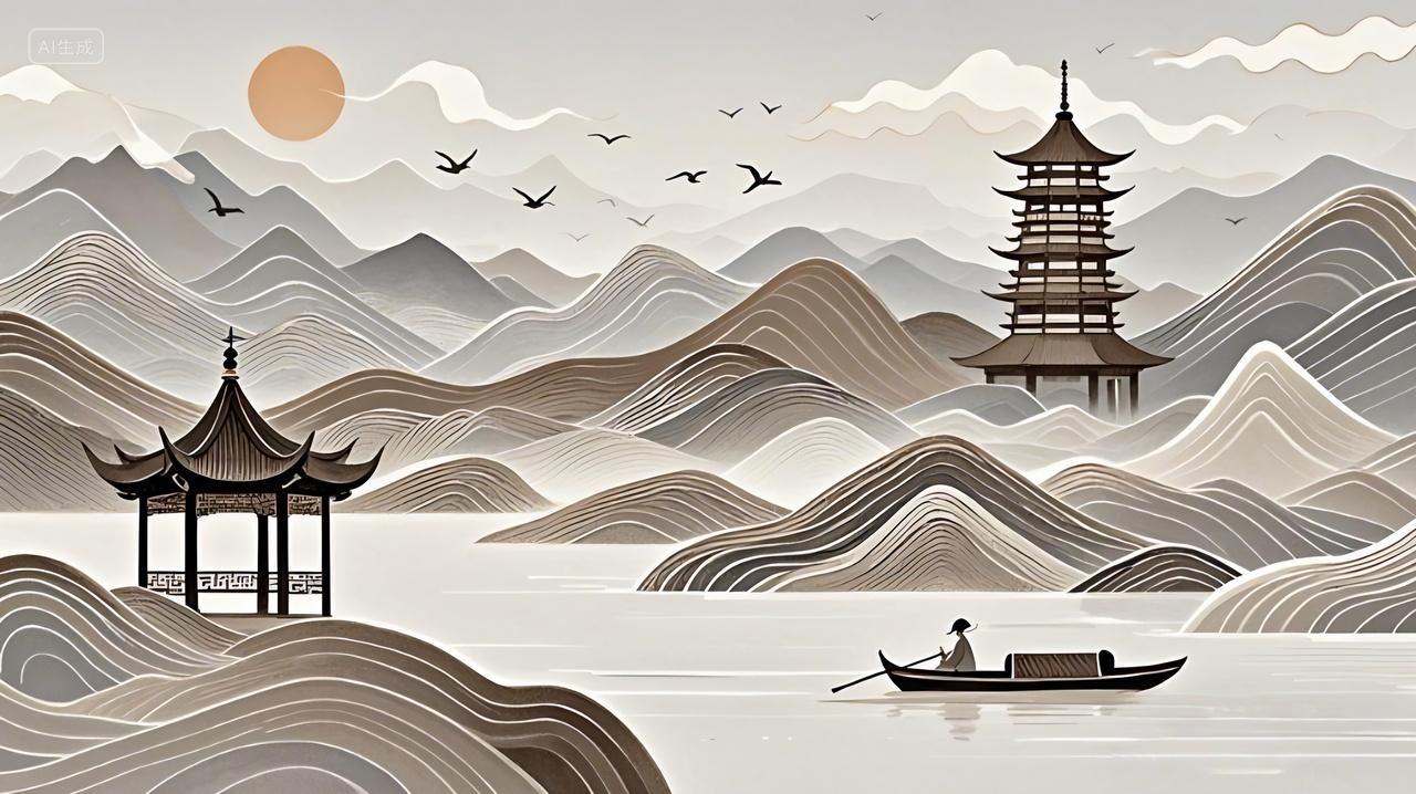 古风塔亭子山峰展板背景AI