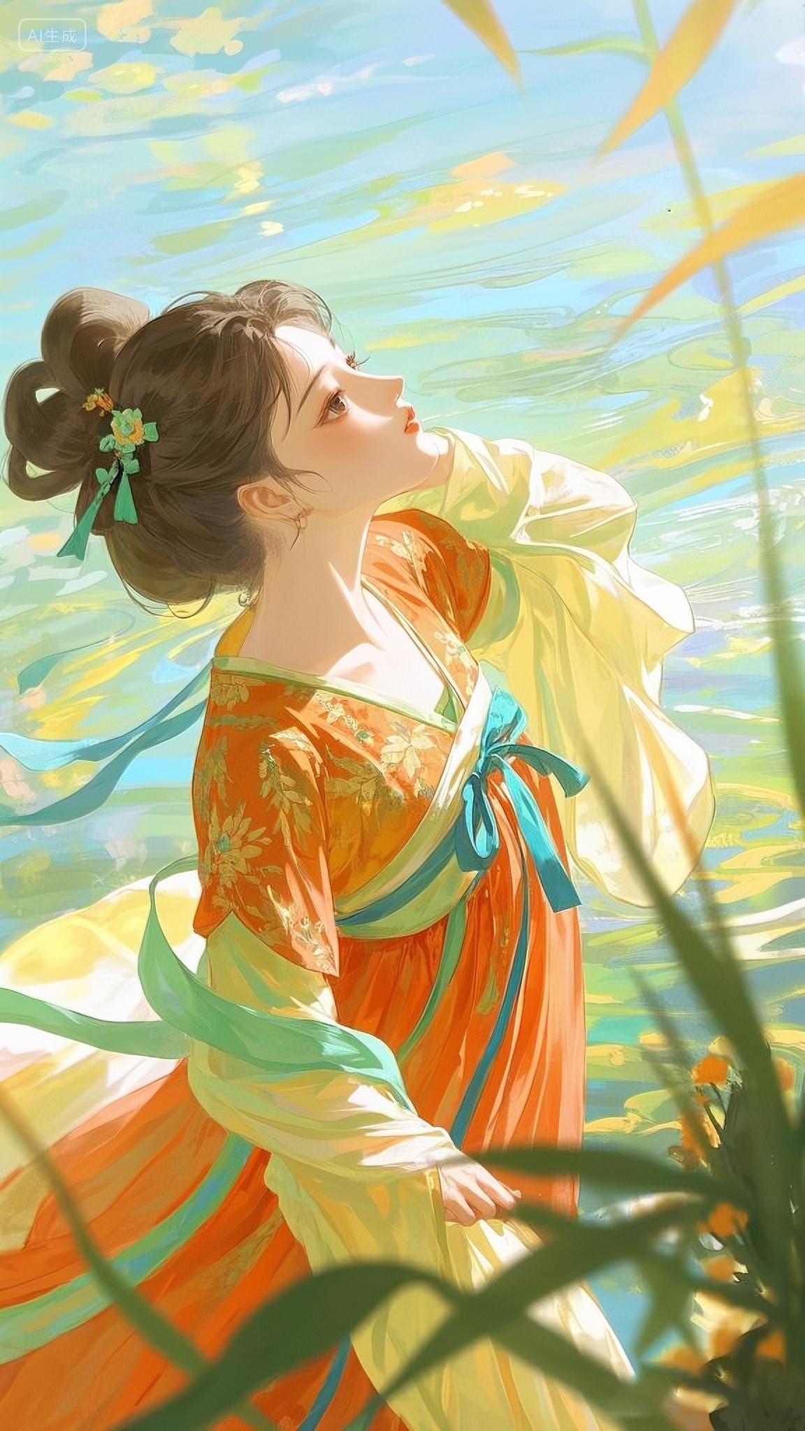 古风插画中身着橙黄服饰于水边的温婉女子
