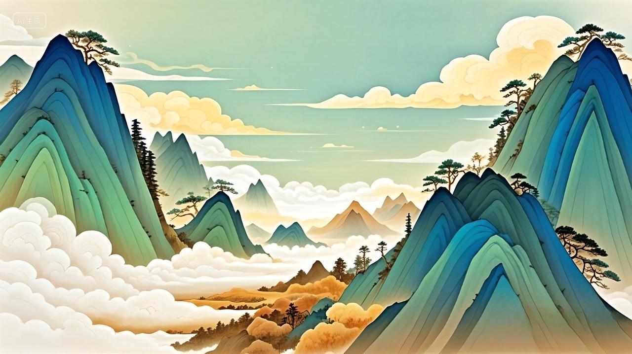 绿色国潮山水古风云彩山峰底纹国潮展板背景AI