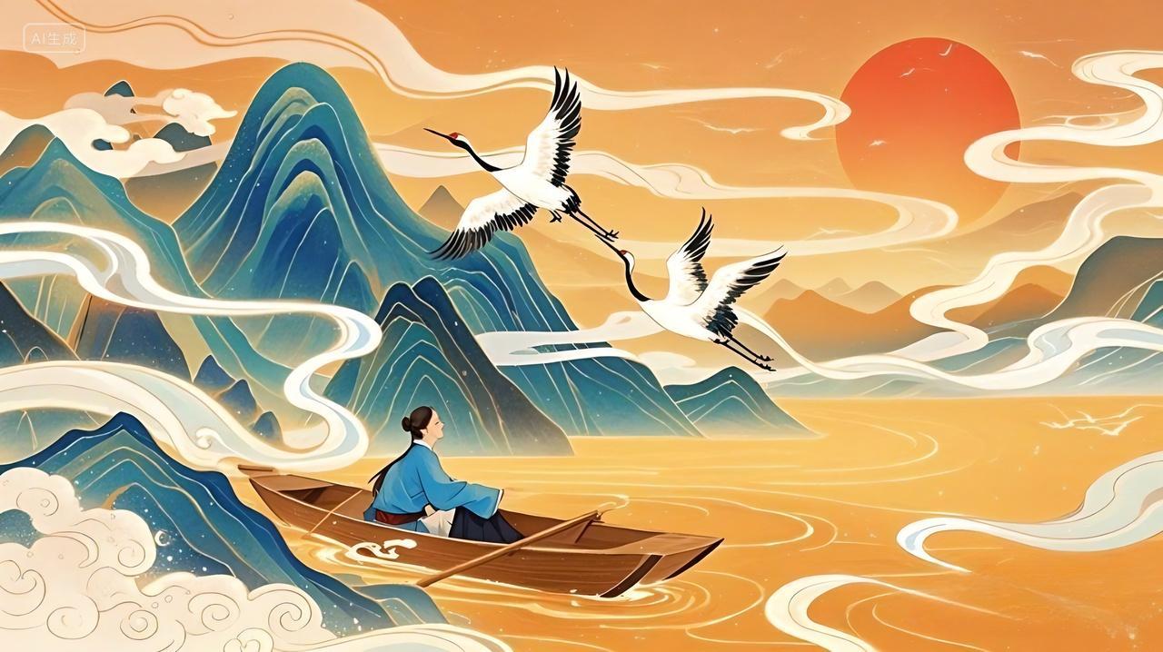 绿色国潮山水古风仙鹤山峰国潮展板背景AI