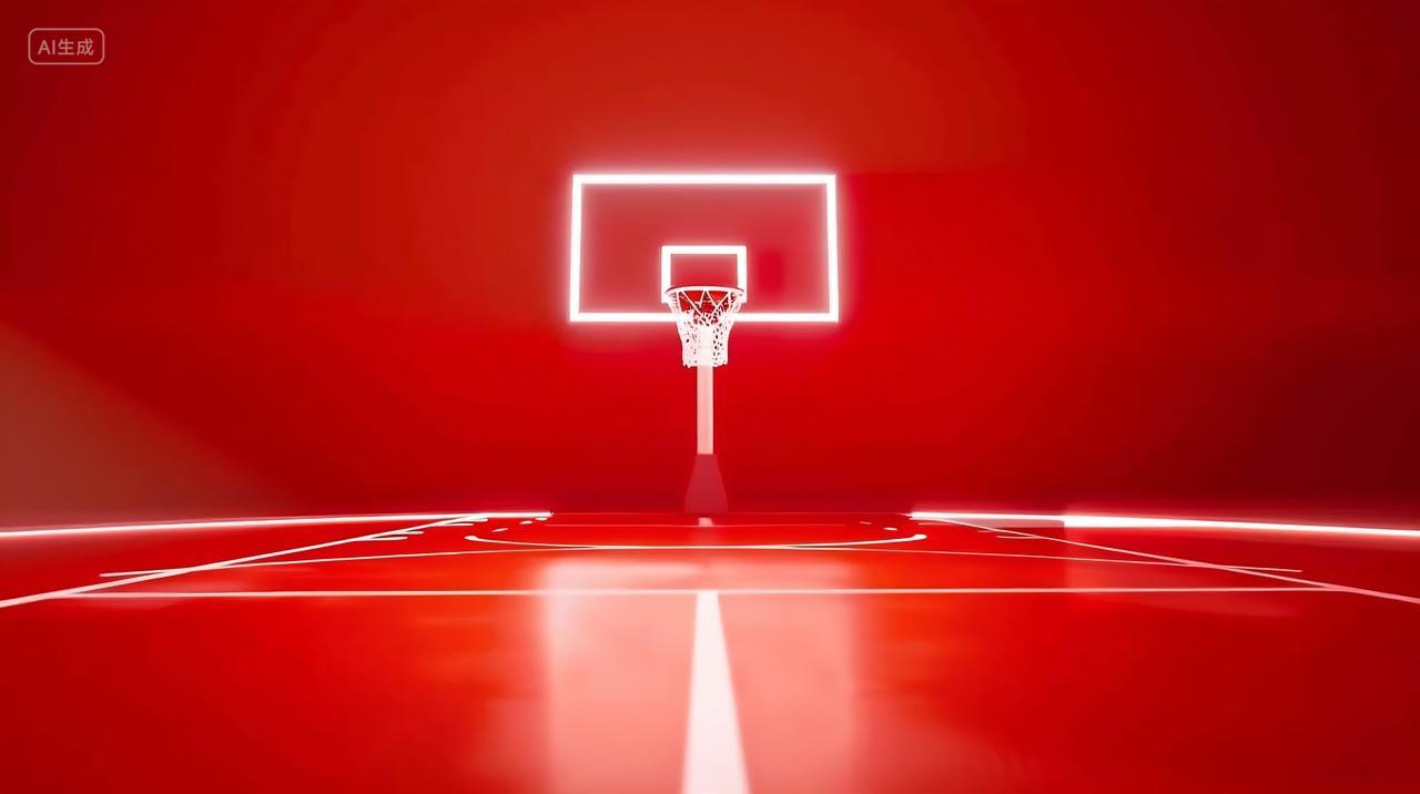 红色背景篮球场有一个篮球架AI