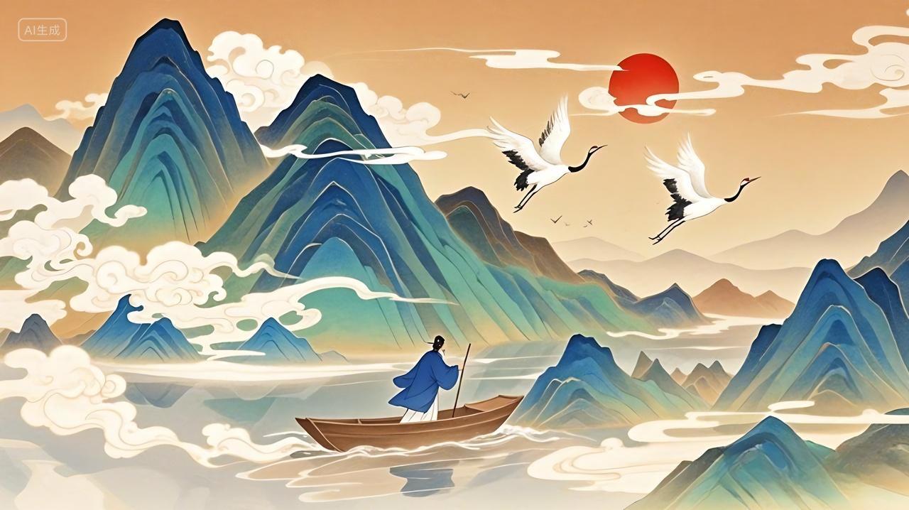 绿色国潮山水古风仙鹤山峰国潮展板背景AI