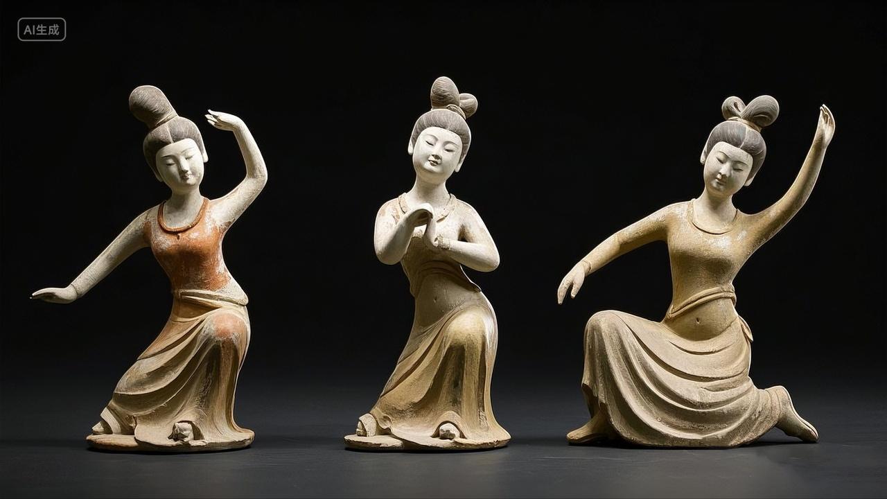 舞蹈跳舞一组姿态各异展现古代舞蹈的陶俑雕塑作品