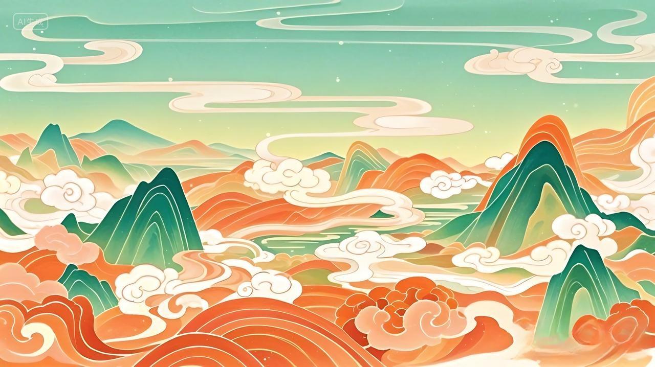 绿色国潮山水古风国潮展板背景AI