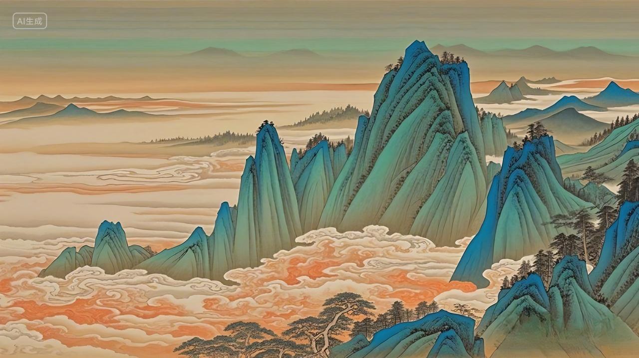 古风山水云彩山峰展板背景AI