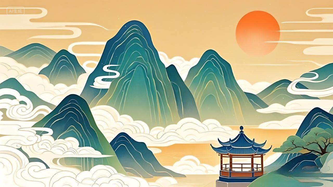 古风山水云彩亭子日落展板背景AI