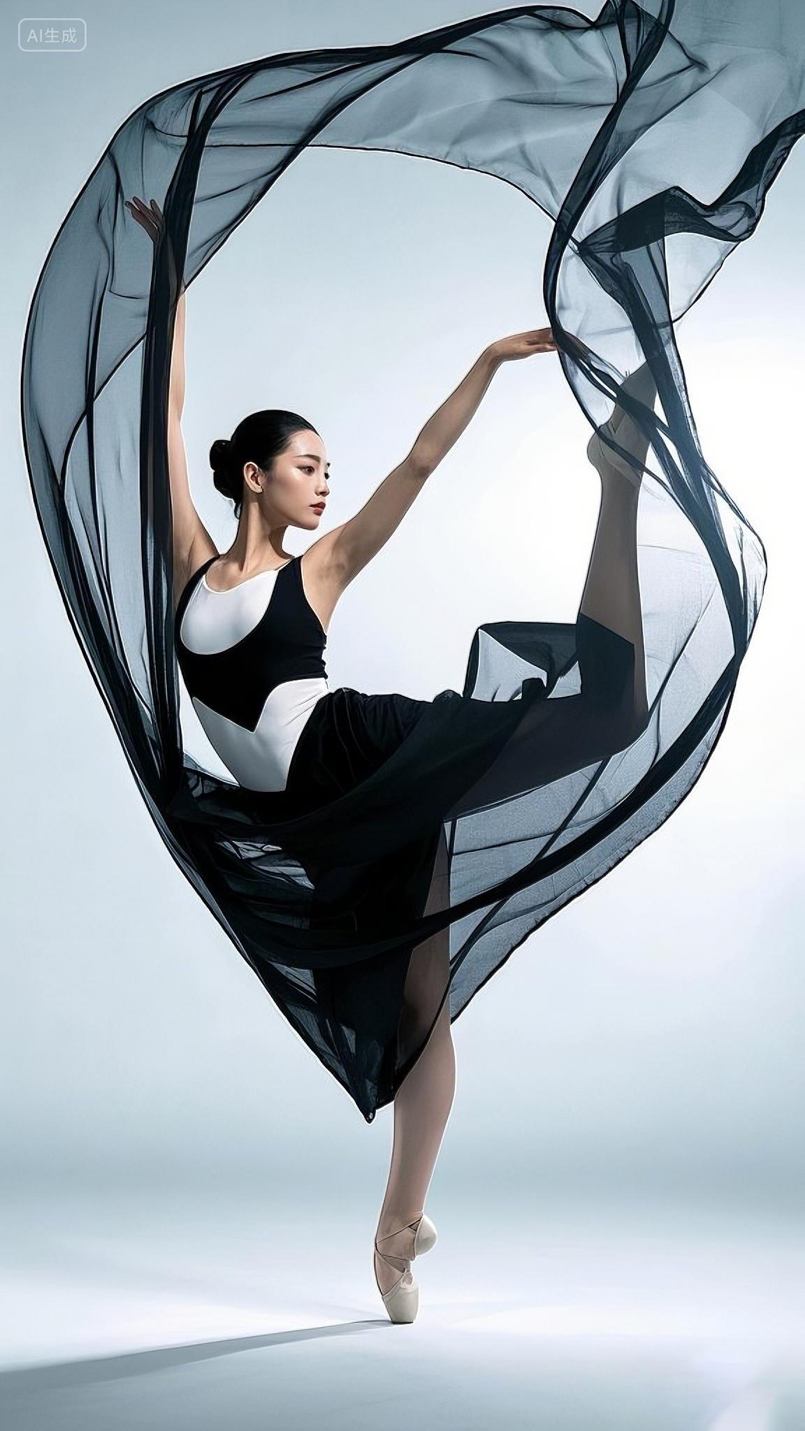 舞蹈跳舞中国古典舞身着黑白舞衣挥舞黑色纱幔做出高难度动作的舞者