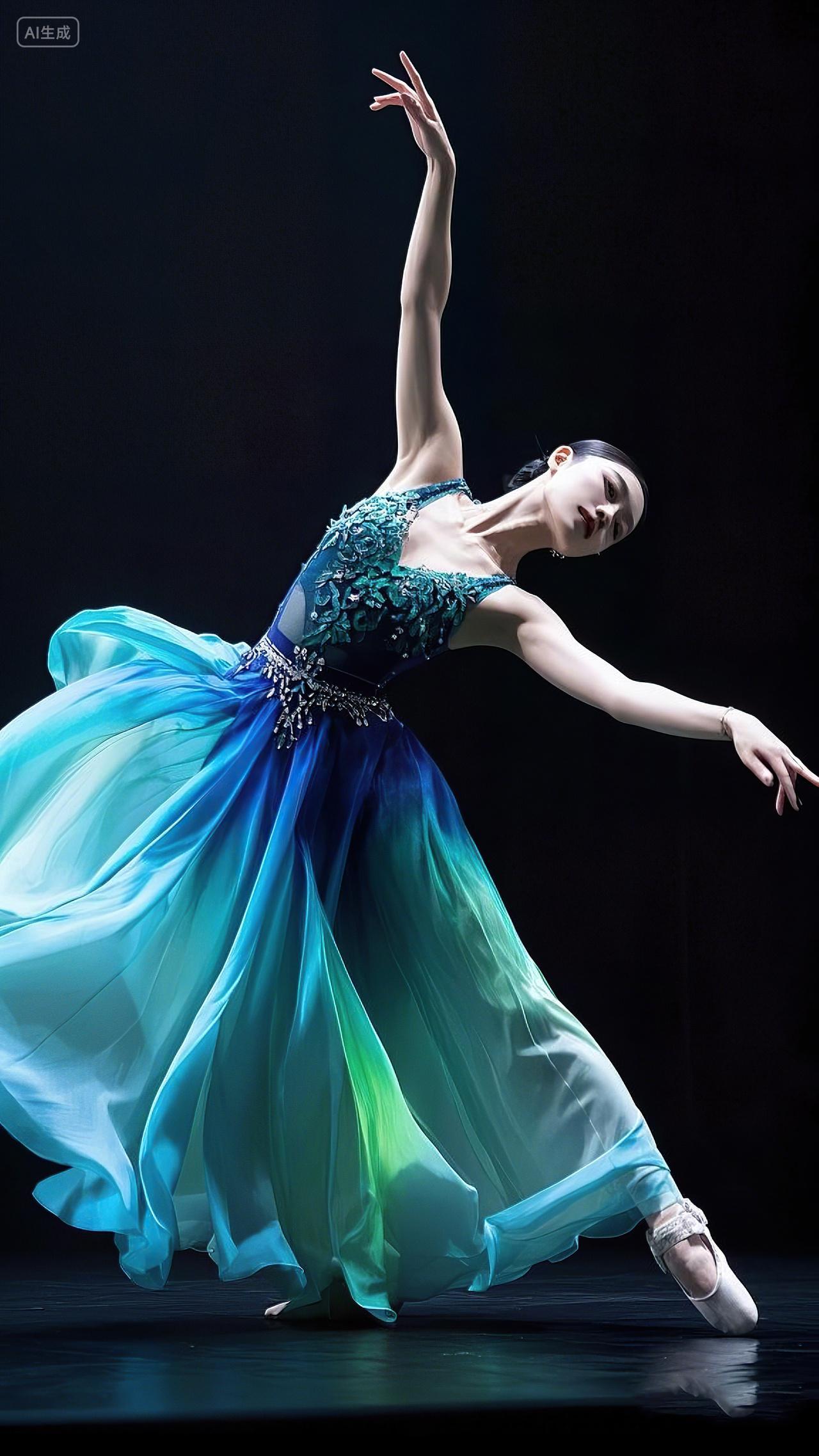 舞蹈跳舞民族舞蹈穿蓝绿渐变华丽舞裙的女舞者做出高难度动作