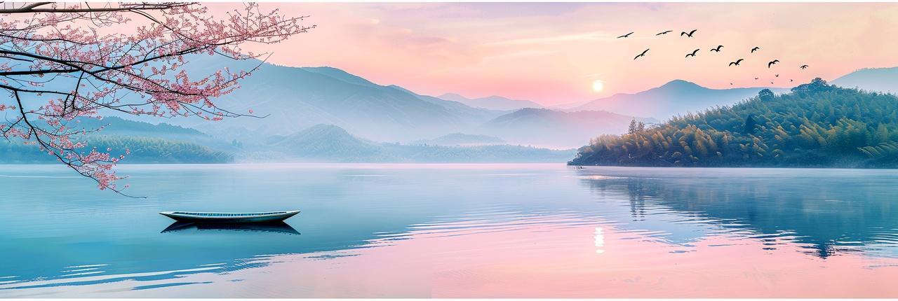 春天的宁静与和谐湖光山色樱花枝水彩山水风景画背景图