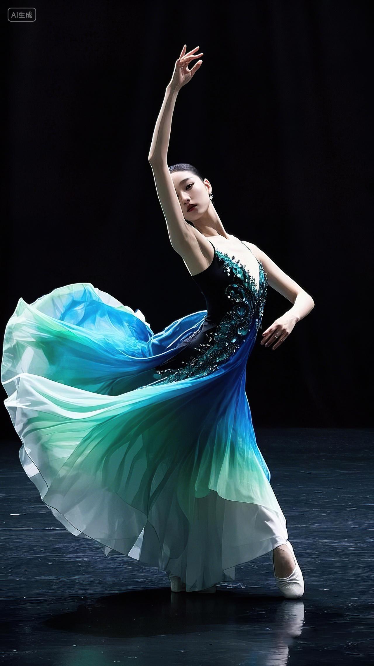 舞蹈跳舞民族舞蹈身着蓝黑渐变装饰舞裙的女舞者展现舞蹈魅力