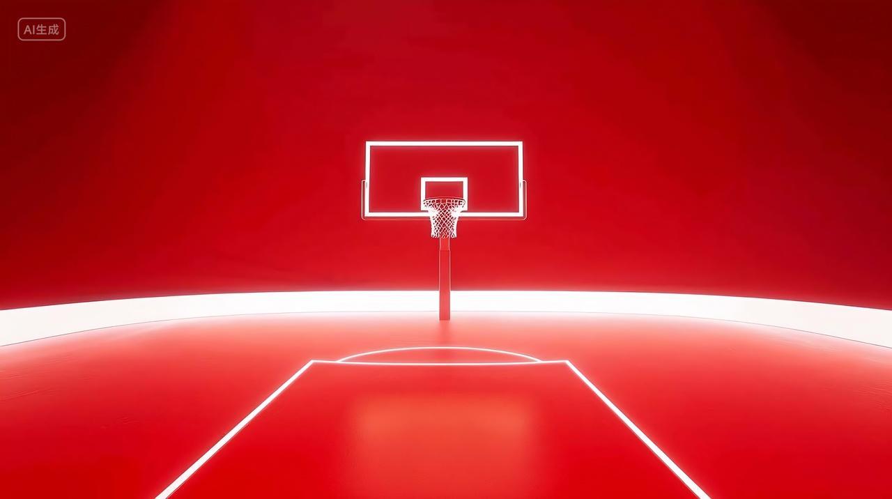 红色背景篮球场有一个篮球架AI