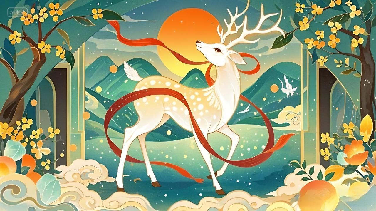 绿色国潮山水古风长颈鹿国潮展板背景AI