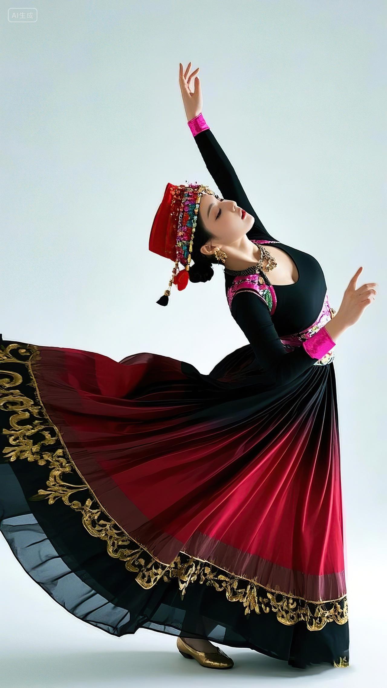 舞蹈跳舞民族舞蹈头戴艳丽红帽身着黑红渐变裙起舞的女舞者