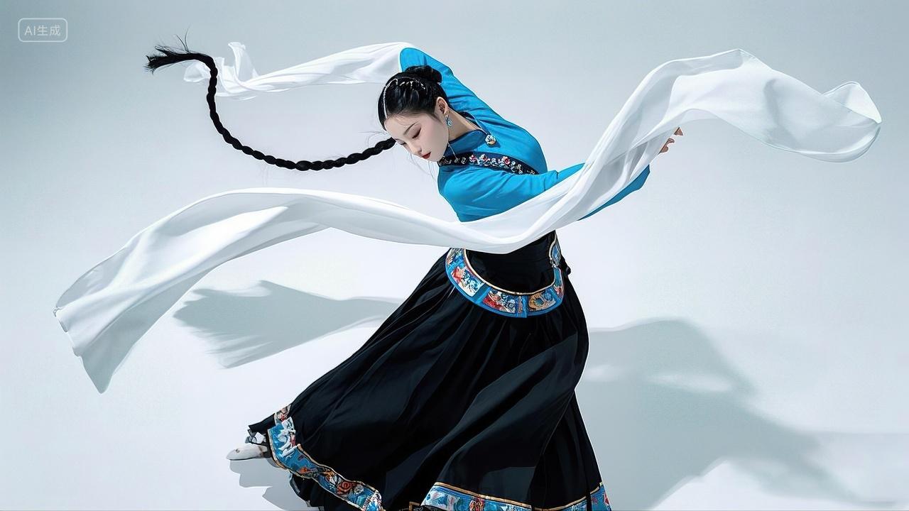 舞蹈跳舞民族舞蹈身着民族服饰舞动白色水袖的美丽女舞者