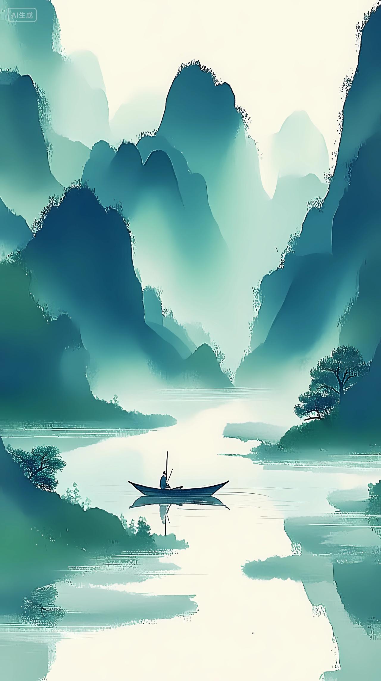 山水风景蓝绿色山水间孤舟一人于宁静河道上悠然前行