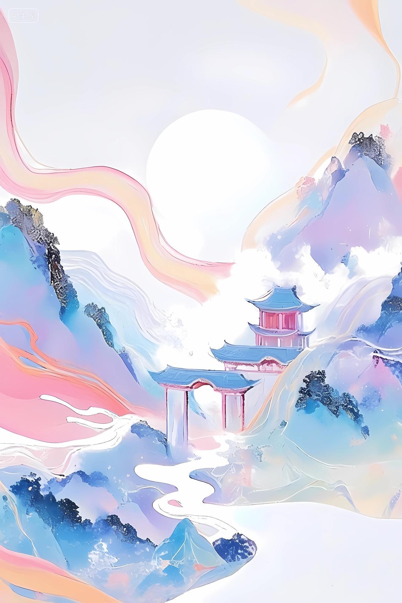 淡粉淡蓝色彩交织的梦幻山间古建筑风景图