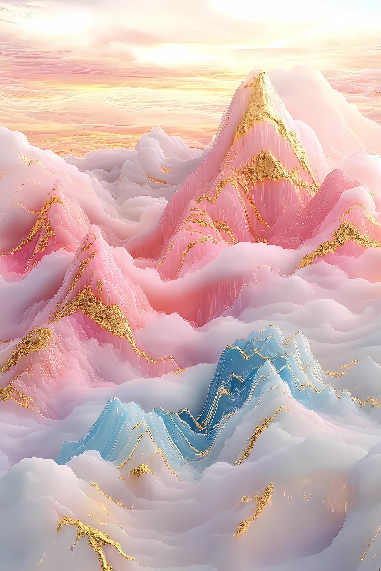 中国风山水风景粉蓝白配色云雾中金色镶边山峰的梦幻画面