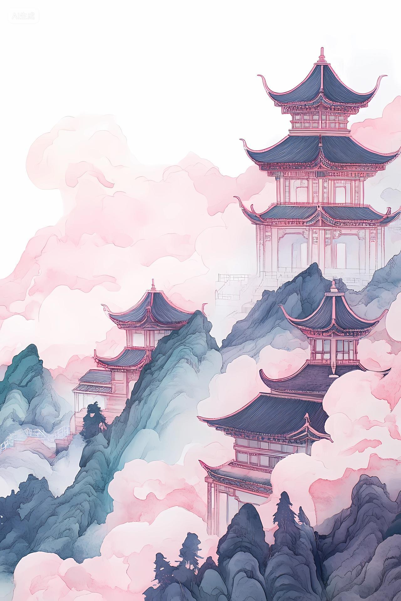 中国风山水风景淡粉淡蓝色调勾勒山间错落中式古建筑风景图