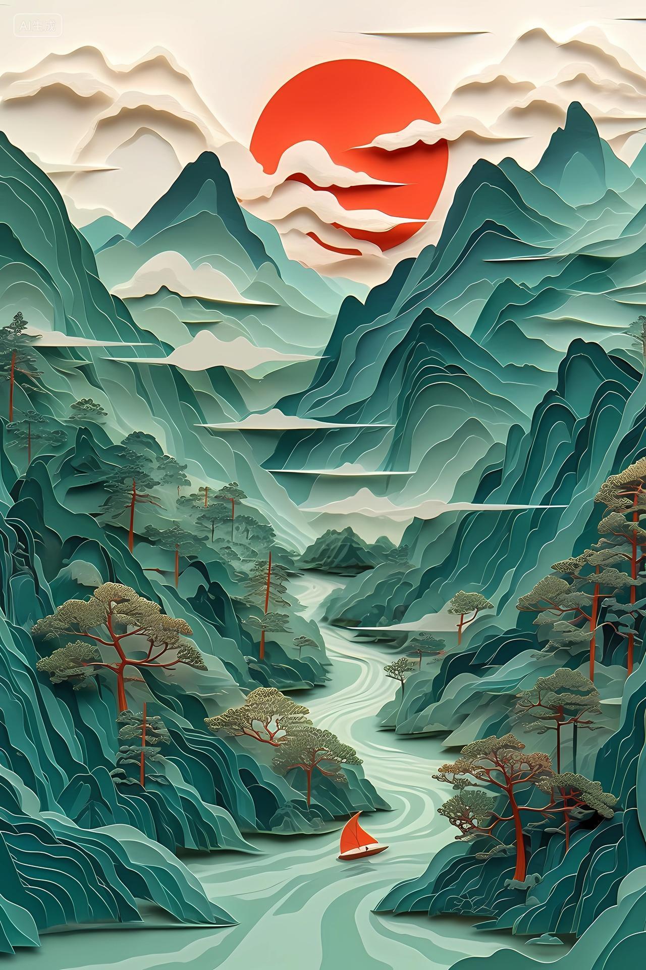 山水风景绿色山脉河流小船红色太阳构成的纸艺风格景观