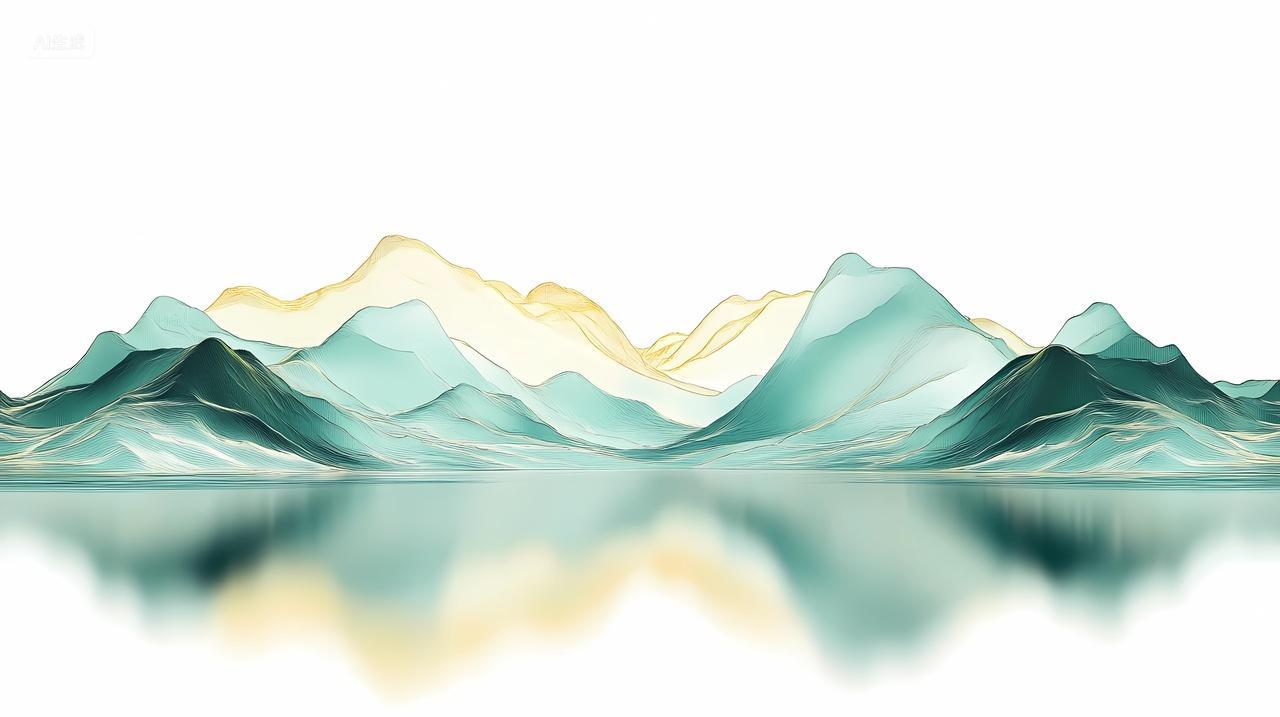 淡绿色线条勾勒的简约山水倒影画面