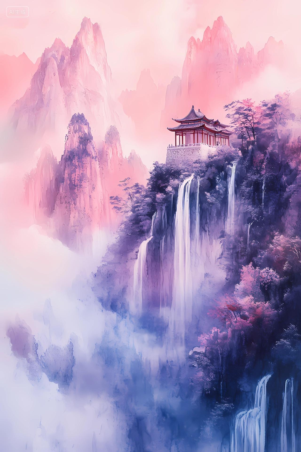 中国风山水风景粉紫色调渲染浪漫氛围的悬崖古建筑瀑布风景图