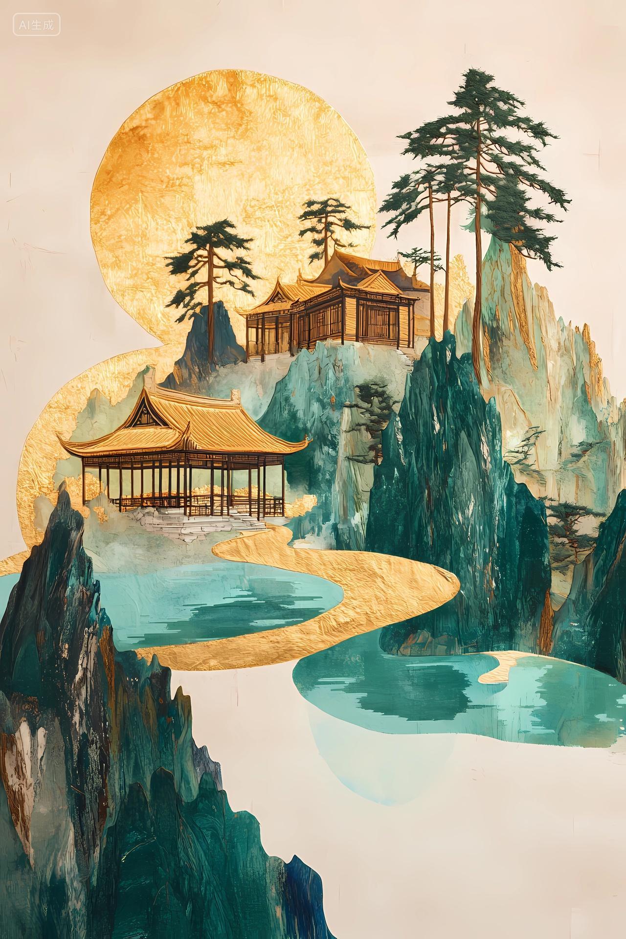 中国风山水风景青绿色山川间金色建筑与蜿蜒小路的景致