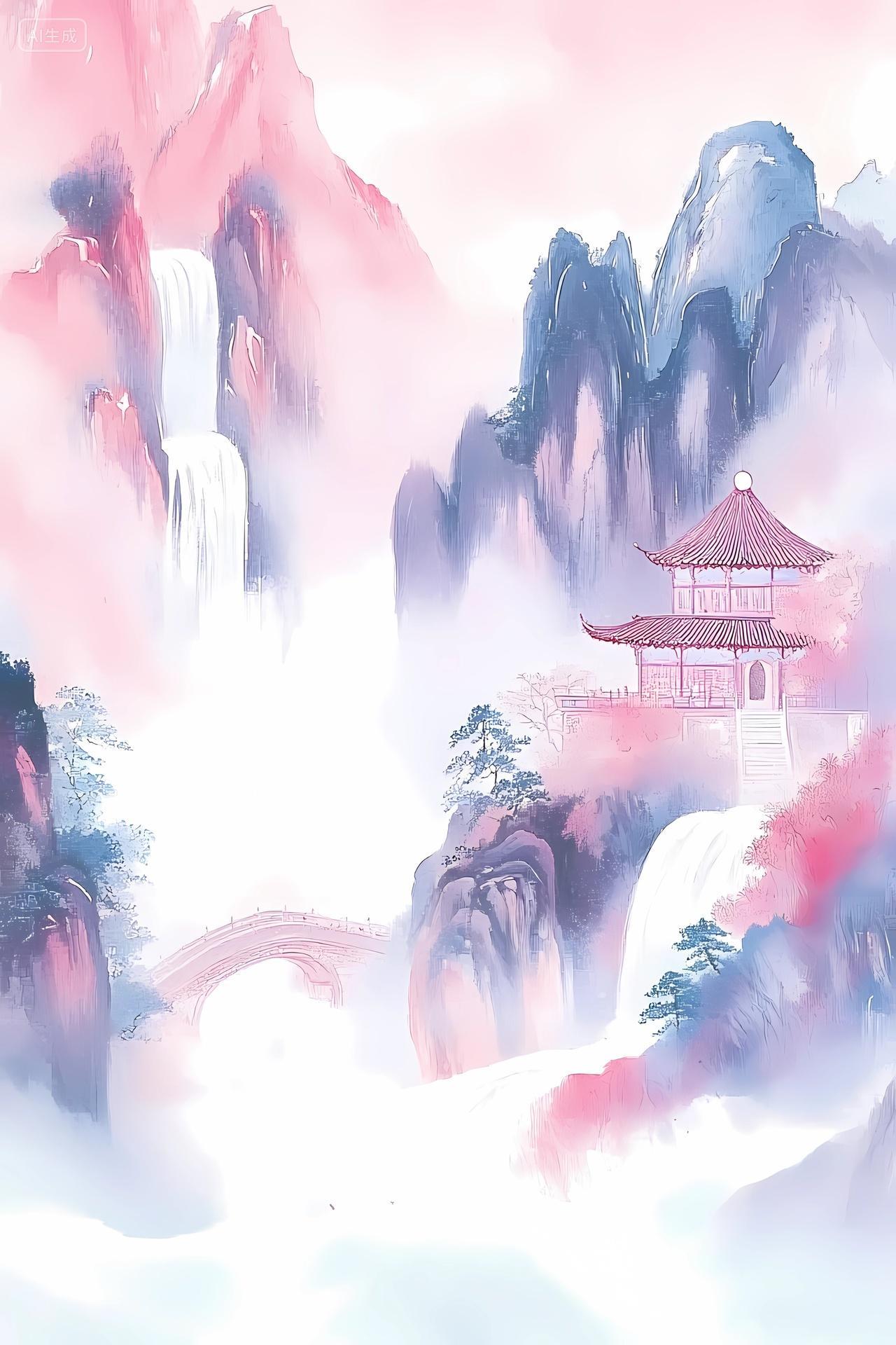 中国风山水风景粉蓝配色呈现梦幻感的山间瀑布与古建筑风景图