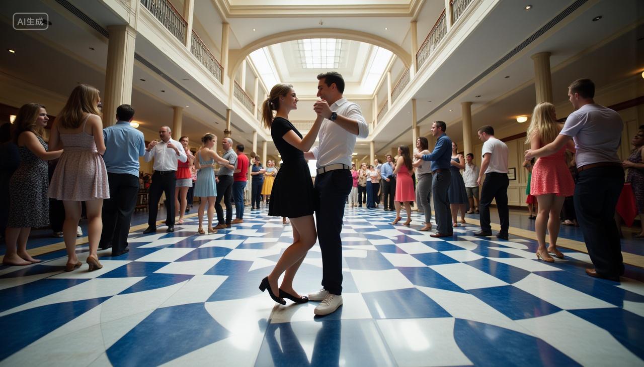 舞蹈跳舞室内大厅众人欢快跳社交舞的热闹场景图