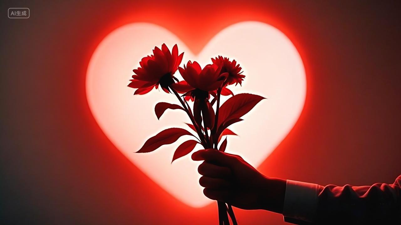 红色背景上有一个爱心形状人手拿鲜花AI爱心心形
