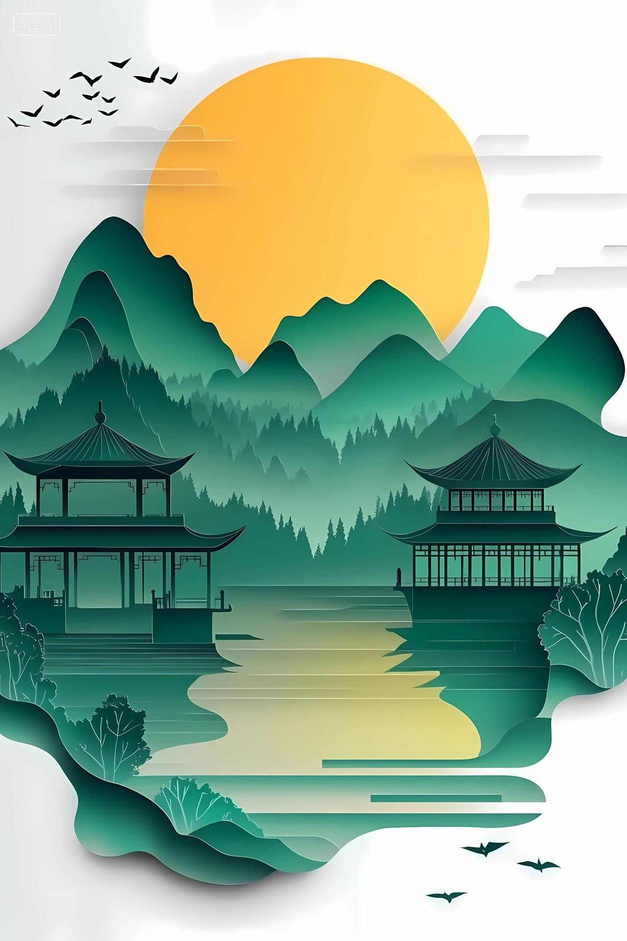 山水风景绿黄配色山林间古建筑与飞鸟的剪纸风格场景